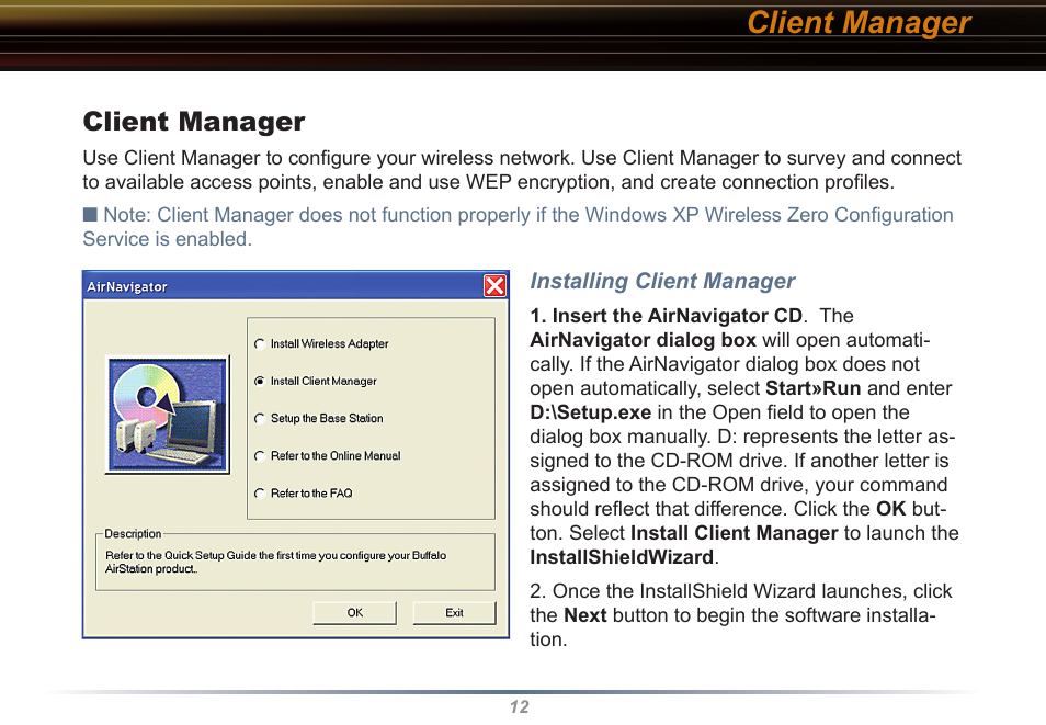 Client manager | Buffalo Technology Buffalo AirStation WLI-USB-KB11 User Manual | Page 12 / 45