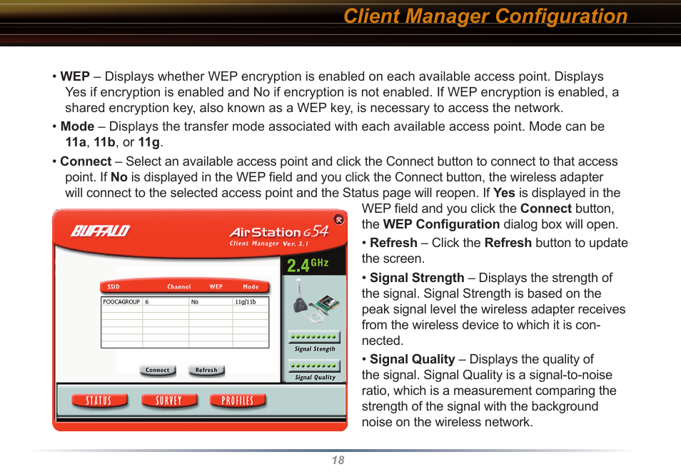 Client manager conﬁguration | Buffalo Technology Buffalo AirStation WLI-USB-KB11 User Manual | Page 18 / 45