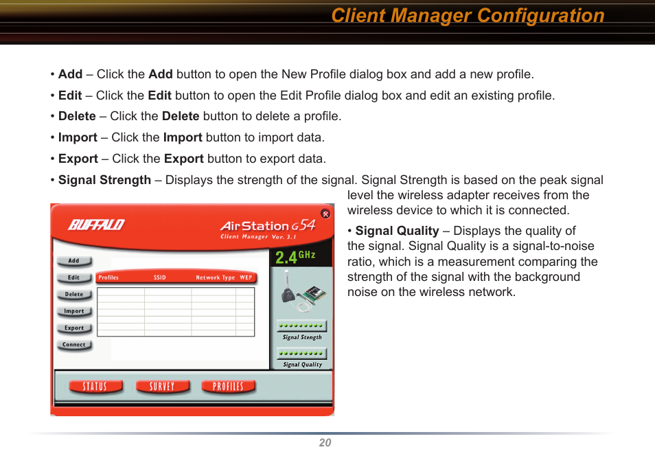 Client manager conﬁguration | Buffalo Technology Buffalo AirStation WLI-USB-KB11 User Manual | Page 20 / 45