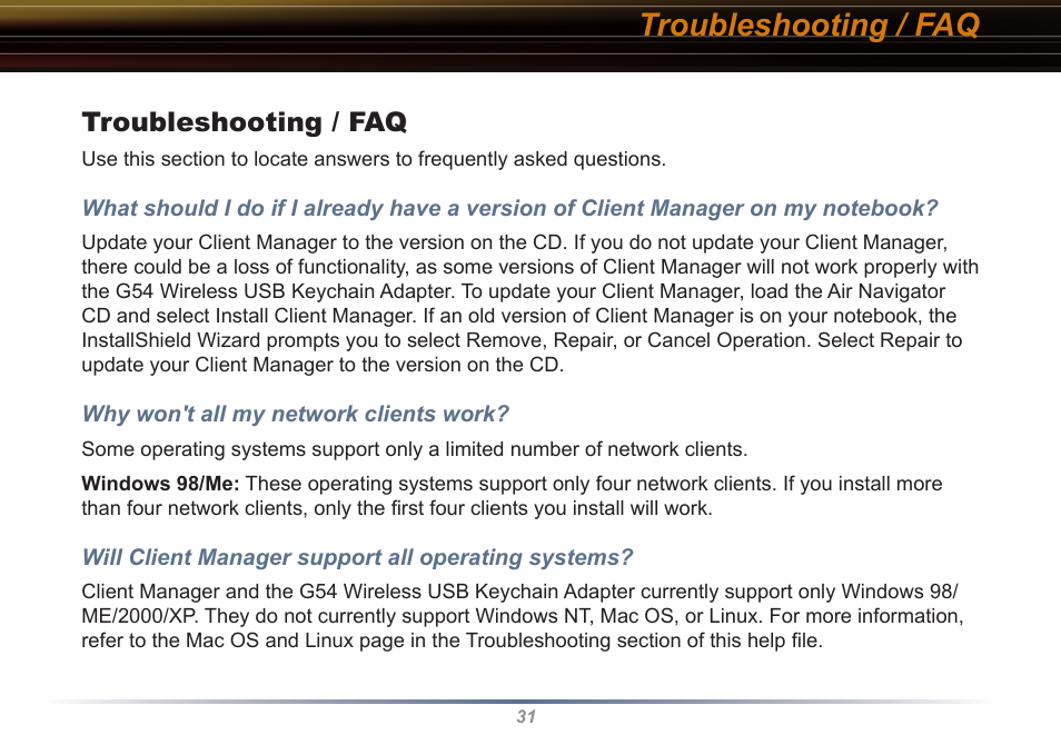 Troubleshooting / faq | Buffalo Technology Buffalo AirStation WLI-USB-KB11 User Manual | Page 31 / 45