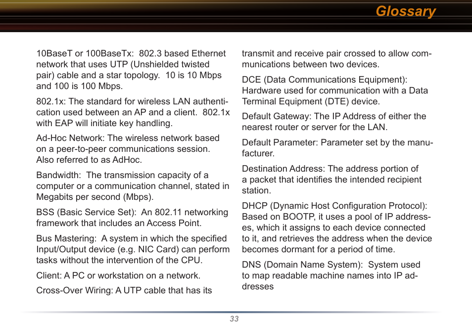 Glossary | Buffalo Technology Buffalo AirStation WLI-USB-KB11 User Manual | Page 33 / 45