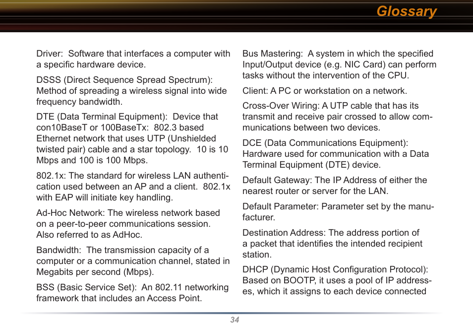 Glossary | Buffalo Technology Buffalo AirStation WLI-USB-KB11 User Manual | Page 34 / 45