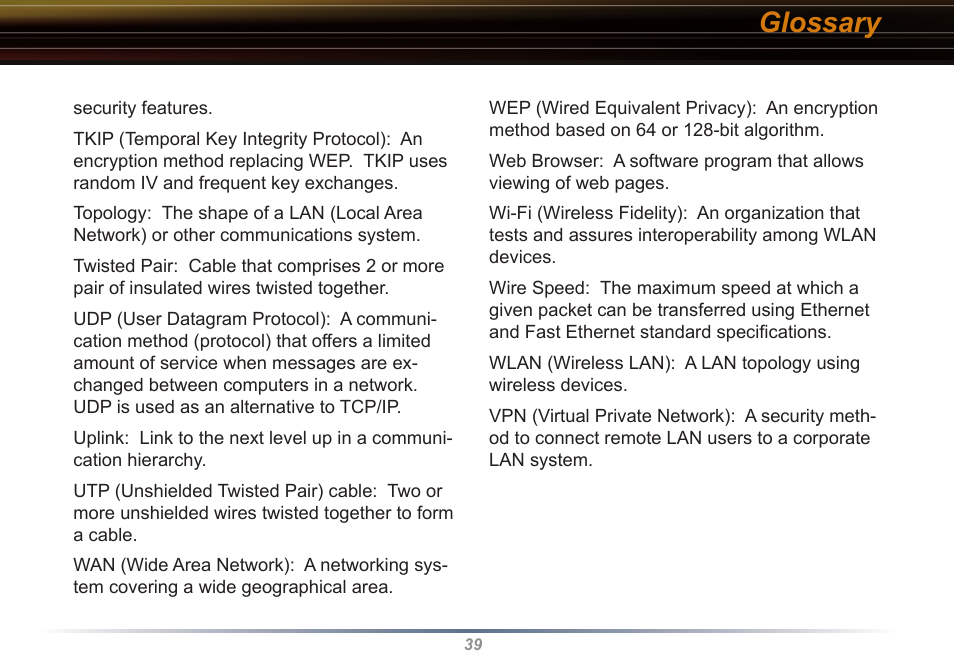 Glossary | Buffalo Technology Buffalo AirStation WLI-USB-KB11 User Manual | Page 39 / 45