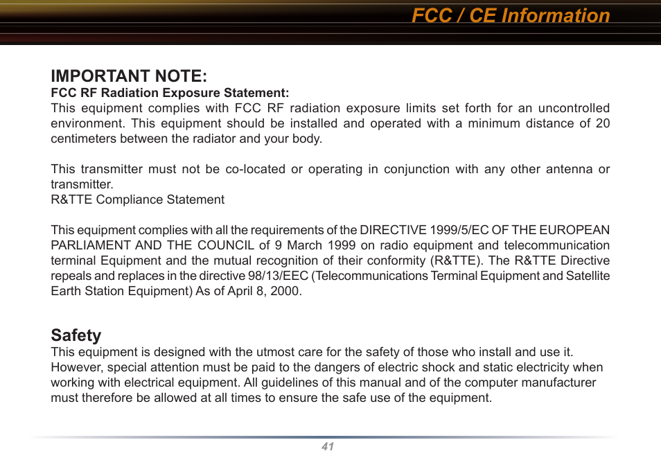 Fcc / ce information, Safety | Buffalo Technology Buffalo AirStation WLI-USB-KB11 User Manual | Page 41 / 45