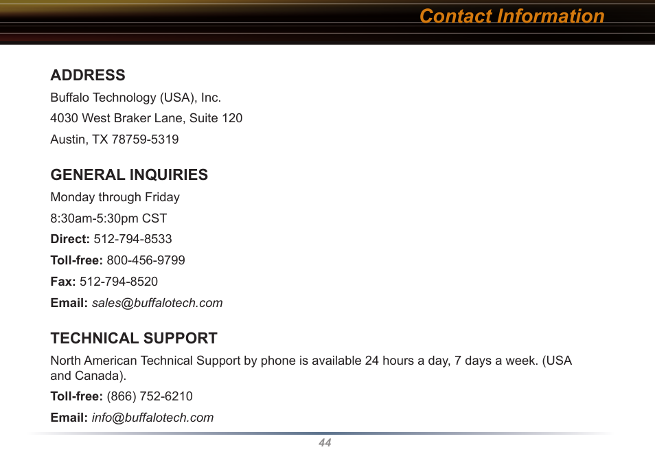 Contact information | Buffalo Technology Buffalo AirStation WLI-USB-KB11 User Manual | Page 44 / 45