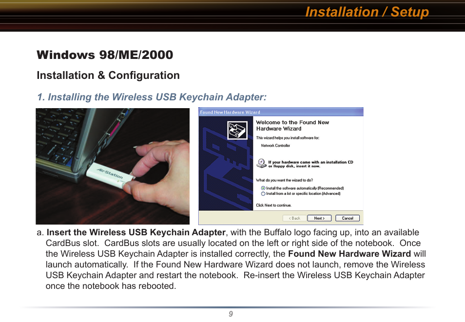 Installation / setup | Buffalo Technology Buffalo AirStation WLI-USB-KB11 User Manual | Page 9 / 45