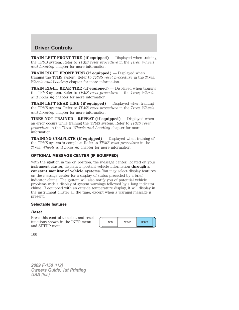 Optional message center (if equipped), Selectable features, Reset | Driver controls | FORD 2009 F-150 v.1 User Manual | Page 100 / 405