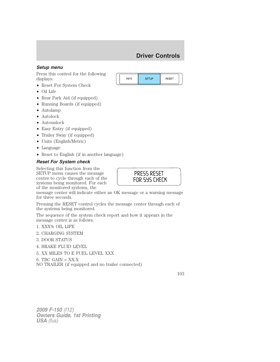 Setup menu, Reset for system check, Driver controls | FORD 2009 F-150 v.1 User Manual | Page 103 / 405