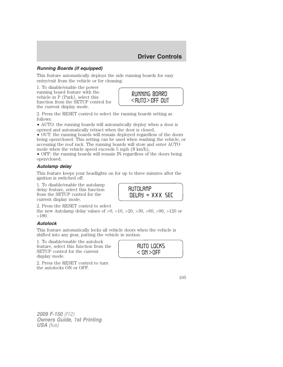 Running boards (if equipped), Autolamp delay, Autolock | Driver controls | FORD 2009 F-150 v.1 User Manual | Page 105 / 405