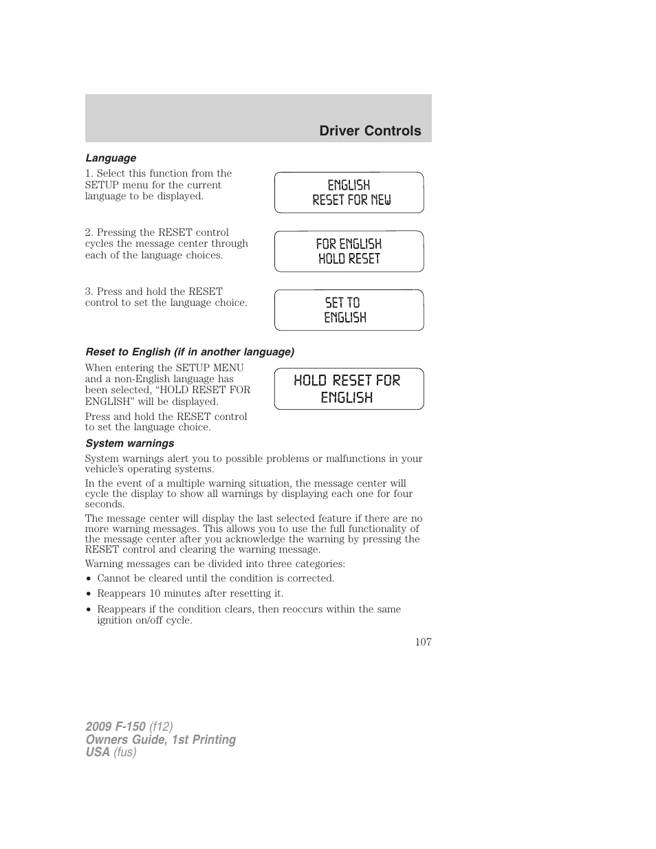 Language, Reset to english (if in another language), System warnings | Driver controls | FORD 2009 F-150 v.1 User Manual | Page 107 / 405