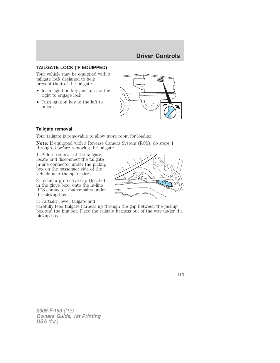 Tailgate lock (if equipped), Tailgate removal, Tailgate | Driver controls | FORD 2009 F-150 v.1 User Manual | Page 113 / 405