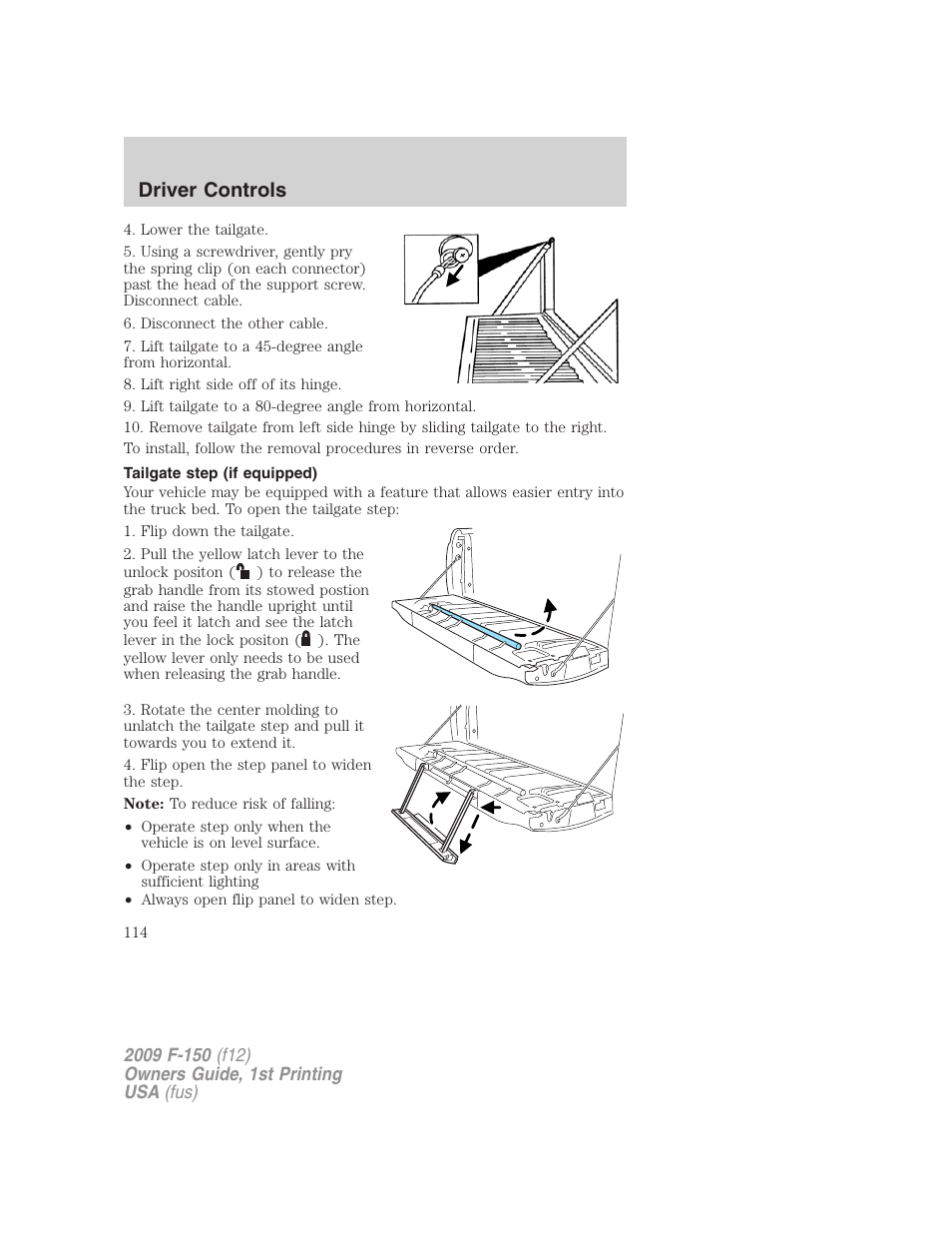 Tailgate step (if equipped), Driver controls | FORD 2009 F-150 v.1 User Manual | Page 114 / 405