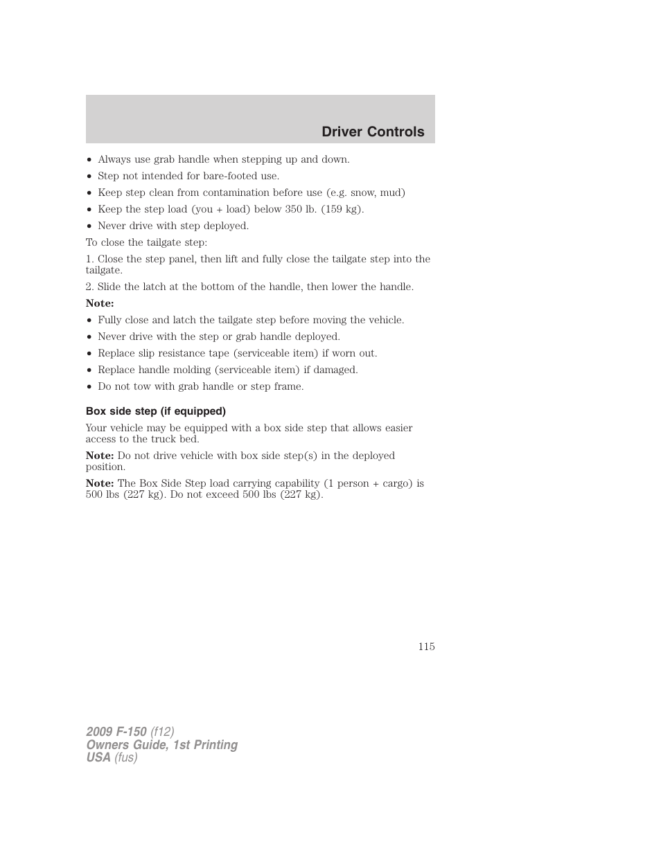 Box side step (if equipped), Driver controls | FORD 2009 F-150 v.1 User Manual | Page 115 / 405