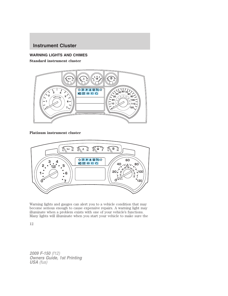 Instrument cluster, Warning lights and chimes | FORD 2009 F-150 v.1 User Manual | Page 12 / 405