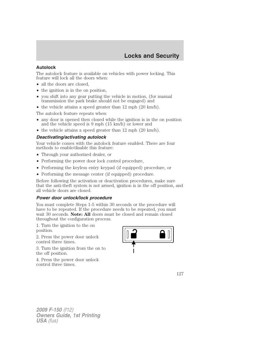 Autolock, Deactivating/activating autolock, Power door unlock/lock procedure | Locks and security | FORD 2009 F-150 v.1 User Manual | Page 127 / 405