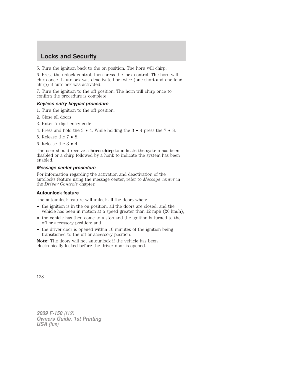 Keyless entry keypad procedure, Message center procedure, Autounlock feature | Locks and security | FORD 2009 F-150 v.1 User Manual | Page 128 / 405