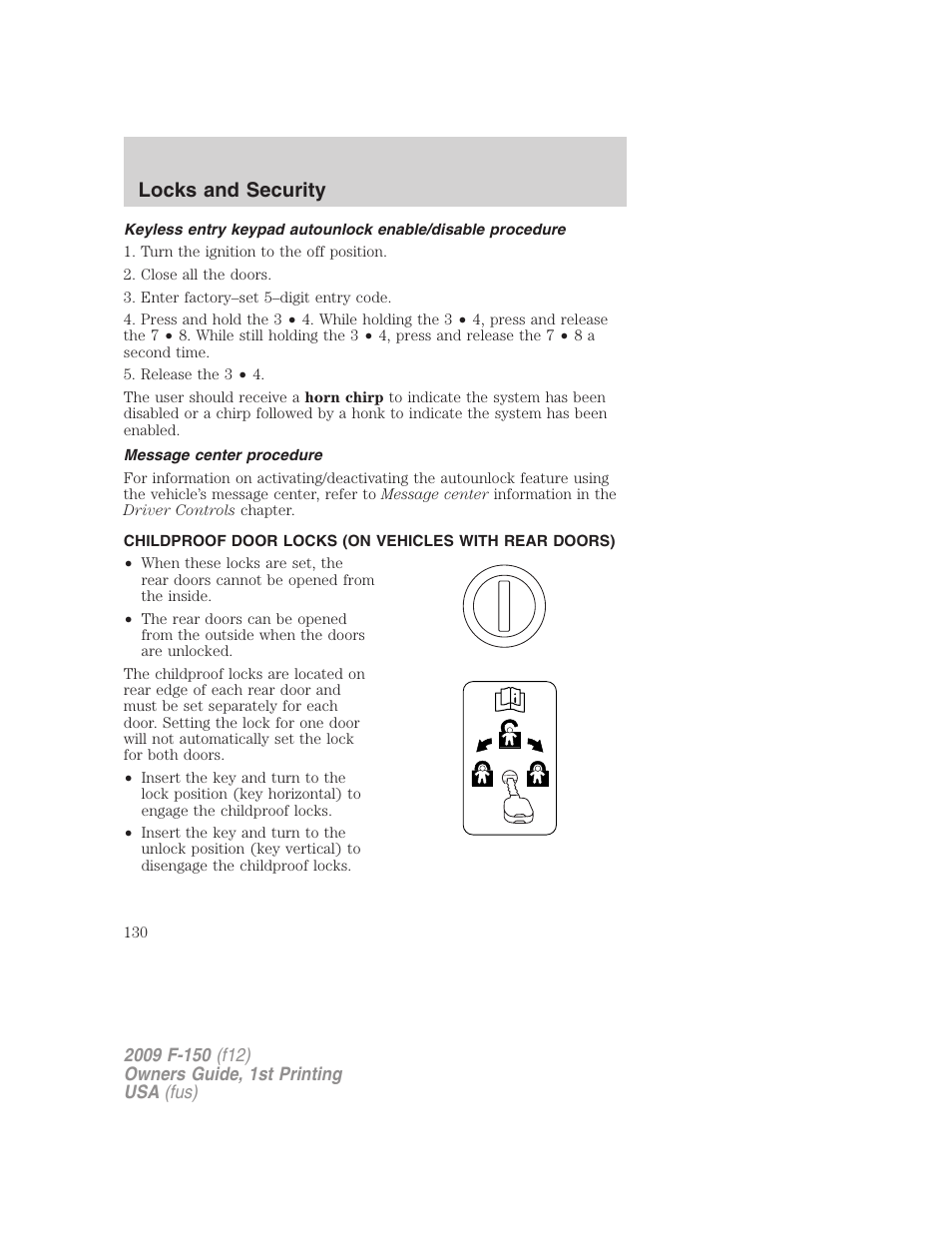 Message center procedure, Locks and security | FORD 2009 F-150 v.1 User Manual | Page 130 / 405