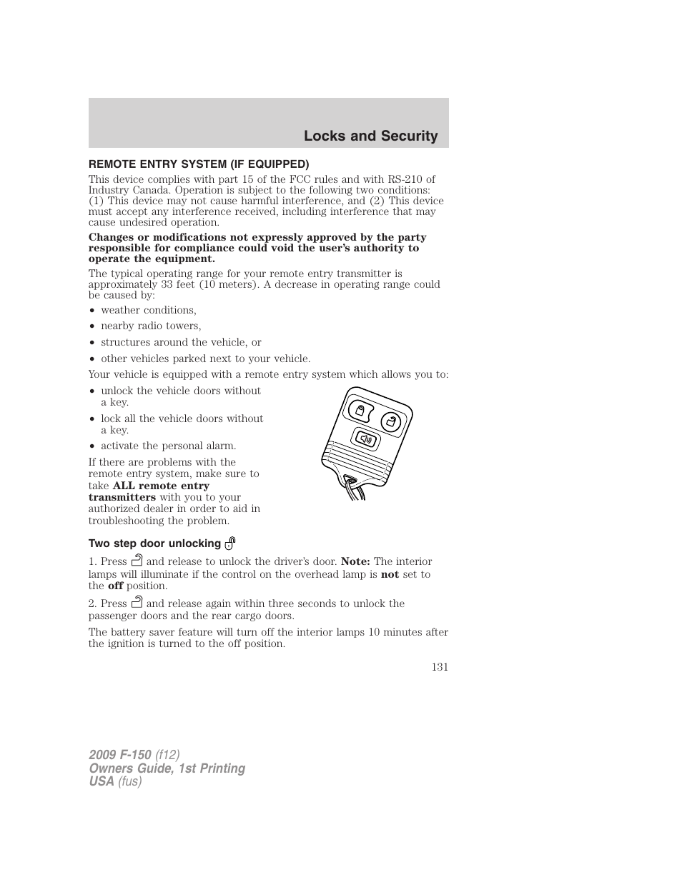 Remote entry system (if equipped), Two step door unlocking, Locks and security | FORD 2009 F-150 v.1 User Manual | Page 131 / 405