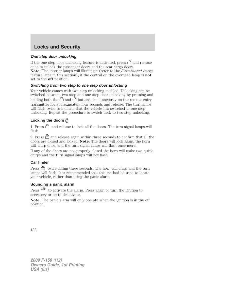 One step door unlocking, Switching from two step to one step door unlocking, Locking the doors | Car finder, Sounding a panic alarm, Locks and security | FORD 2009 F-150 v.1 User Manual | Page 132 / 405