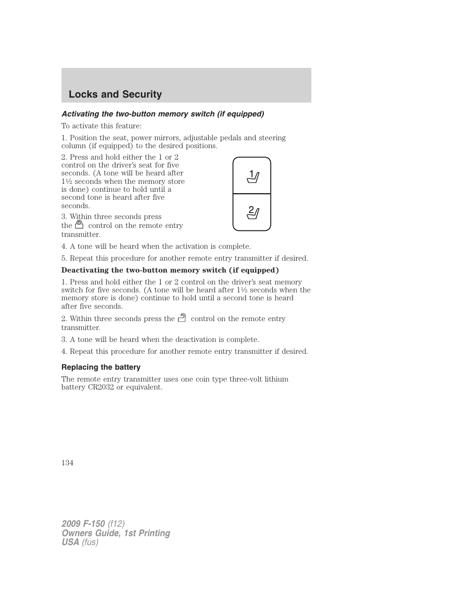 Replacing the battery, Locks and security | FORD 2009 F-150 v.1 User Manual | Page 134 / 405