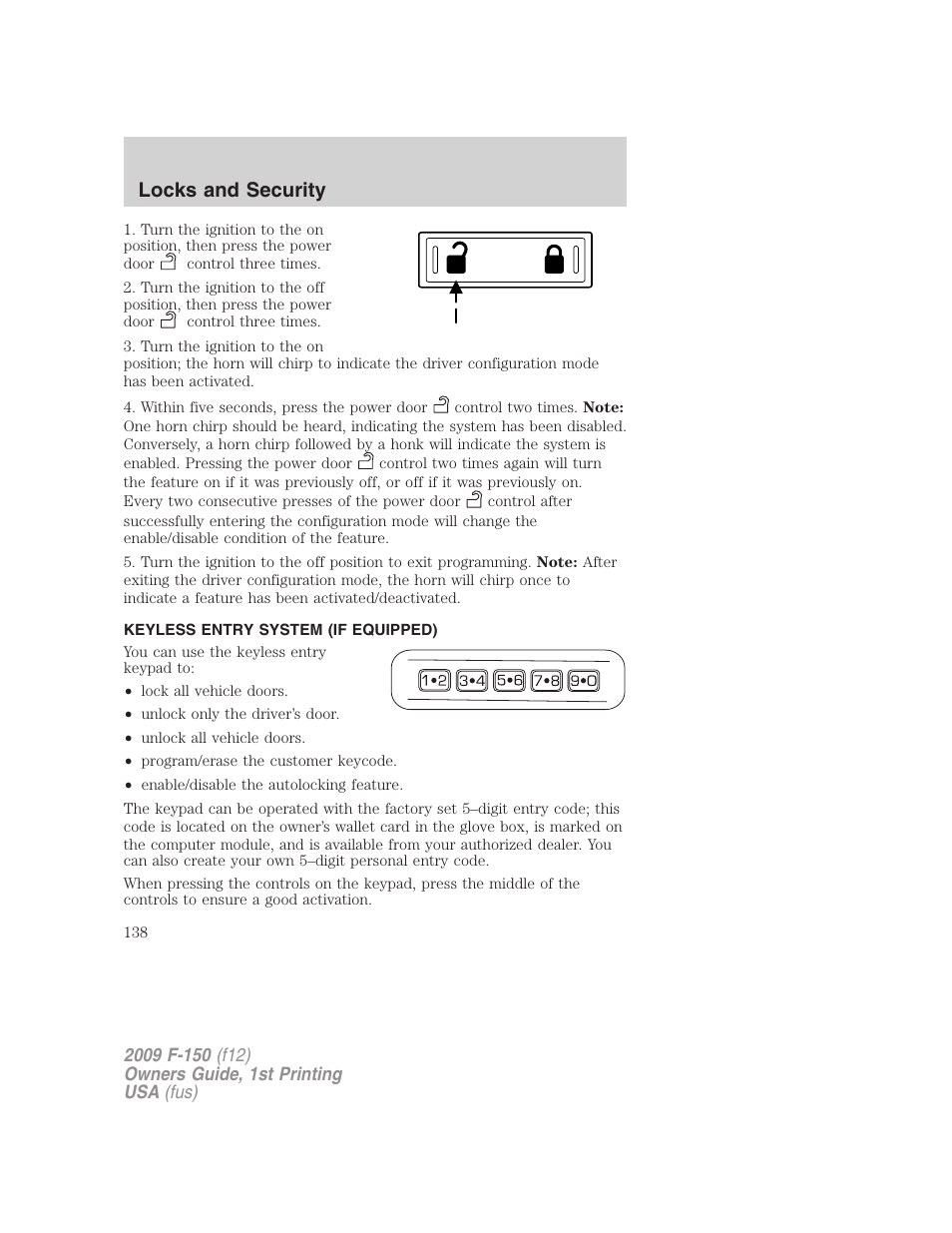 Keyless entry system (if equipped), Locks and security | FORD 2009 F-150 v.1 User Manual | Page 138 / 405