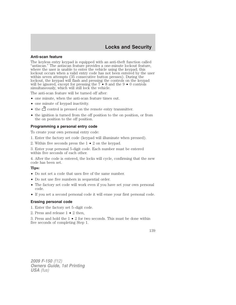 Anti-scan feature, Programming a personal entry code, Erasing personal code | Locks and security | FORD 2009 F-150 v.1 User Manual | Page 139 / 405