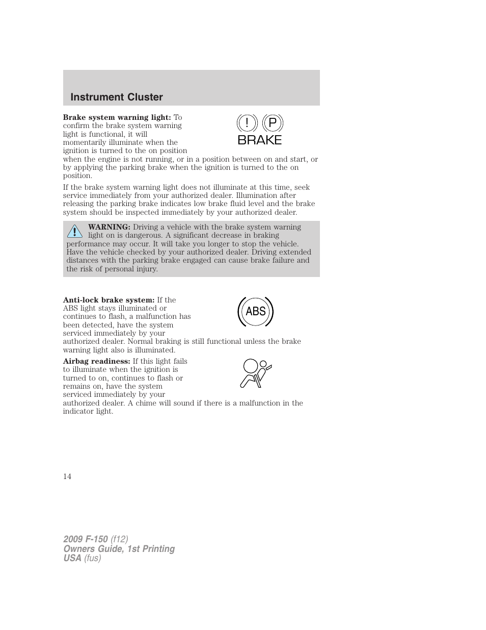 P! brake abs | FORD 2009 F-150 v.1 User Manual | Page 14 / 405