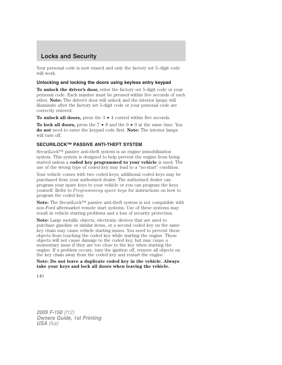 Securilock™ passive anti-theft system, Anti-theft system, Locks and security | FORD 2009 F-150 v.1 User Manual | Page 140 / 405