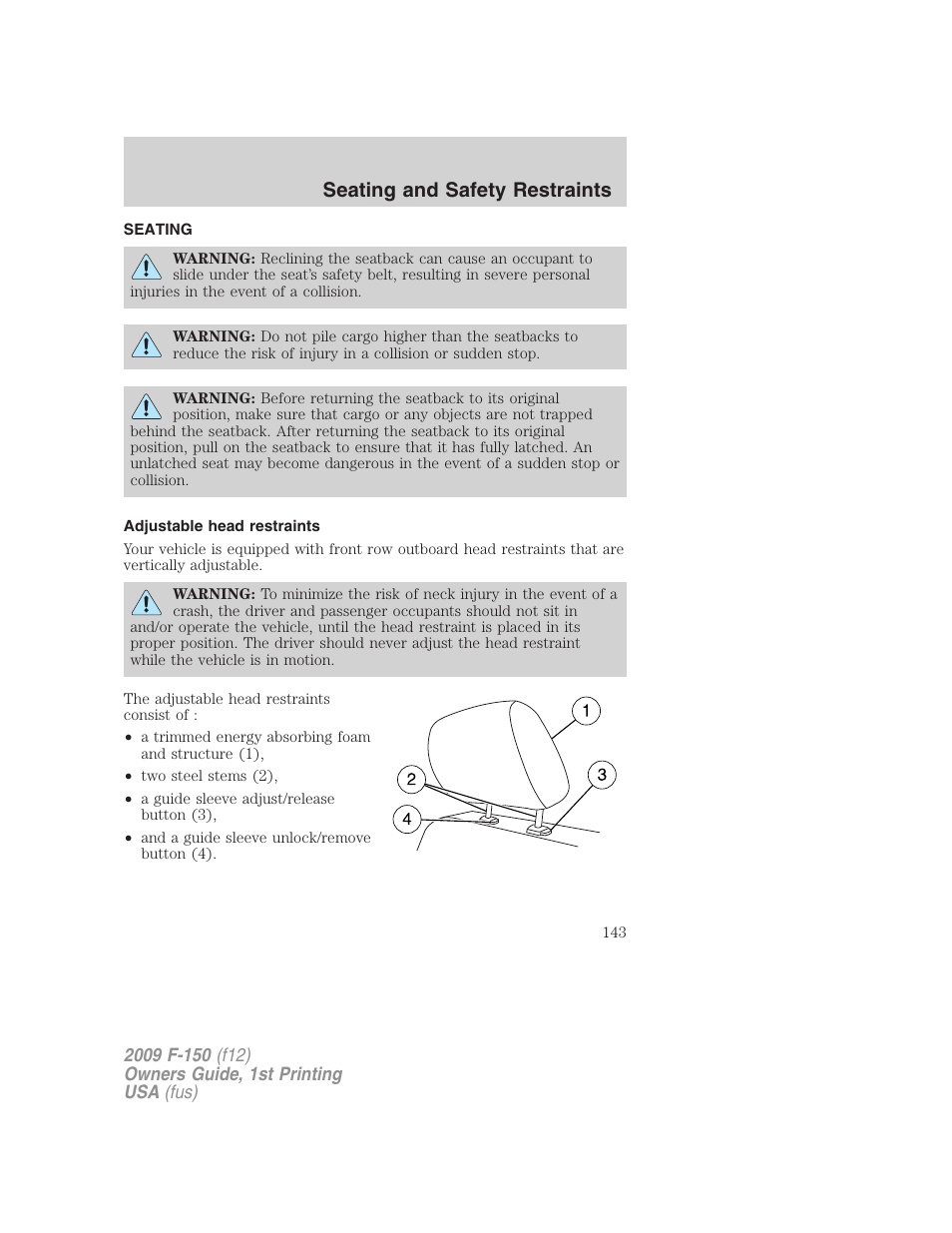 Seating and safety restraints, Seating, Adjustable head restraints | FORD 2009 F-150 v.1 User Manual | Page 143 / 405