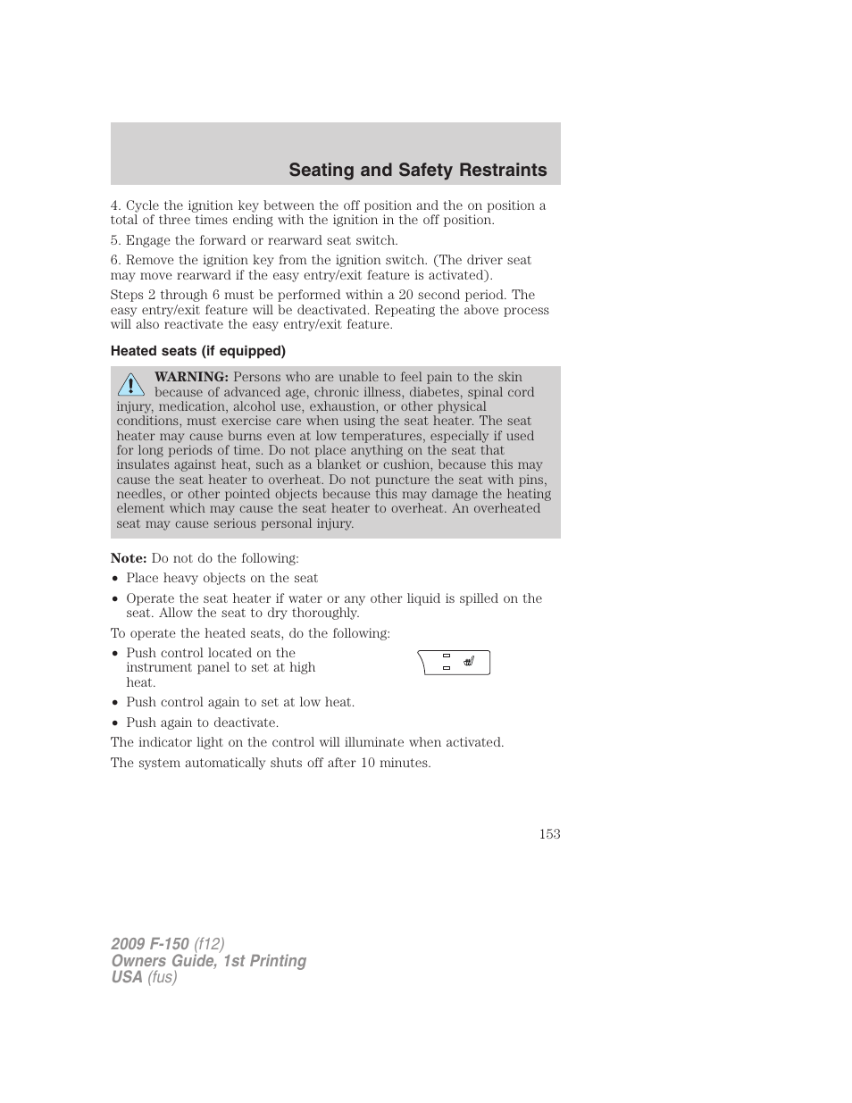 Heated seats (if equipped), Seating and safety restraints | FORD 2009 F-150 v.1 User Manual | Page 153 / 405