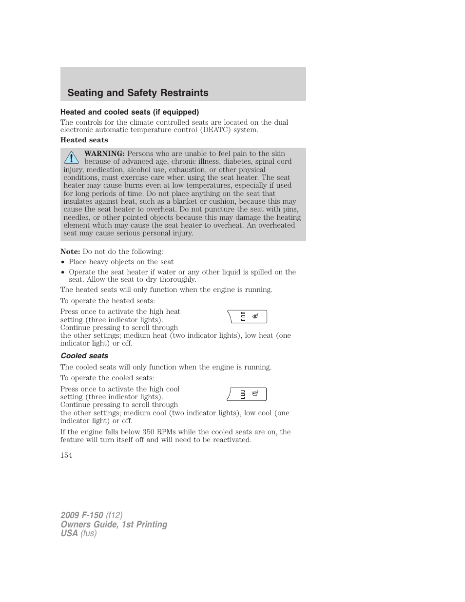 Heated and cooled seats (if equipped), Cooled seats, Seating and safety restraints | FORD 2009 F-150 v.1 User Manual | Page 154 / 405