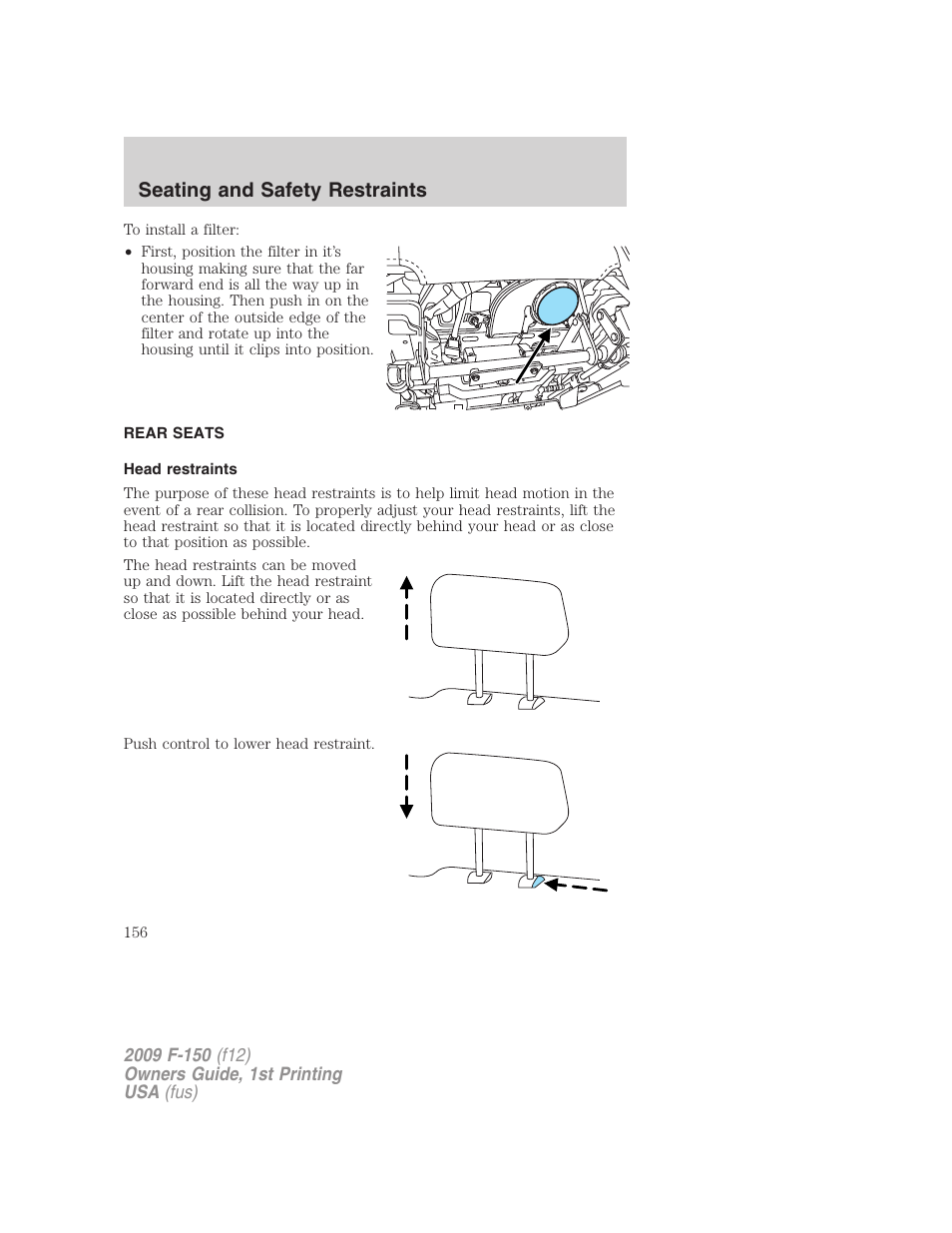 Rear seats, Head restraints, Seating and safety restraints | FORD 2009 F-150 v.1 User Manual | Page 156 / 405