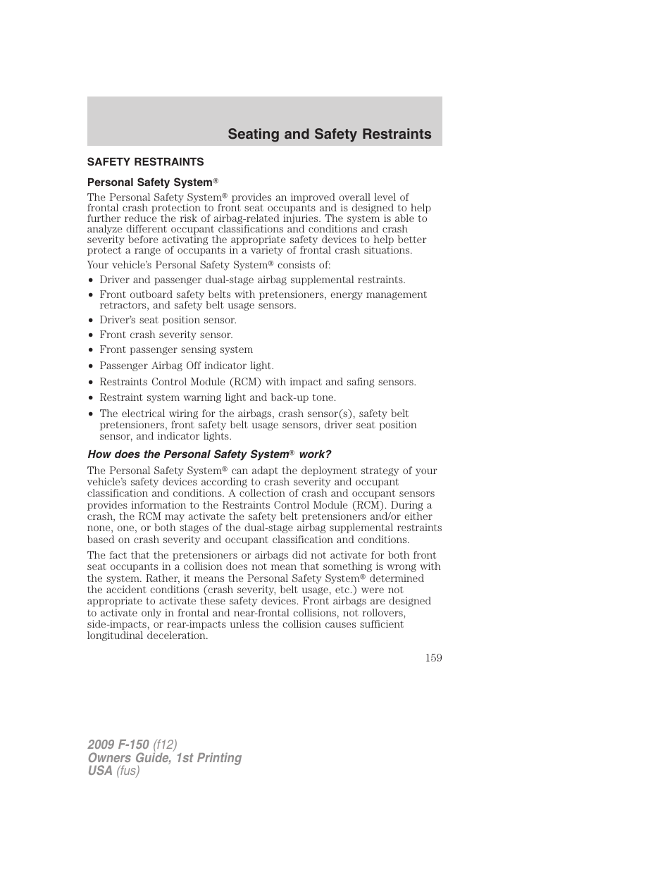 Safety restraints, Personal safety system, How does the personal safety system work | Seating and safety restraints | FORD 2009 F-150 v.1 User Manual | Page 159 / 405