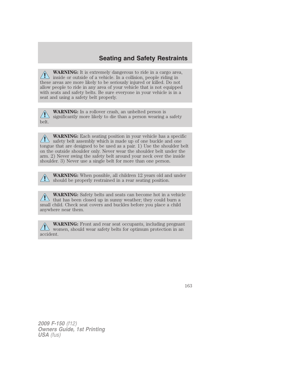 Seating and safety restraints | FORD 2009 F-150 v.1 User Manual | Page 163 / 405