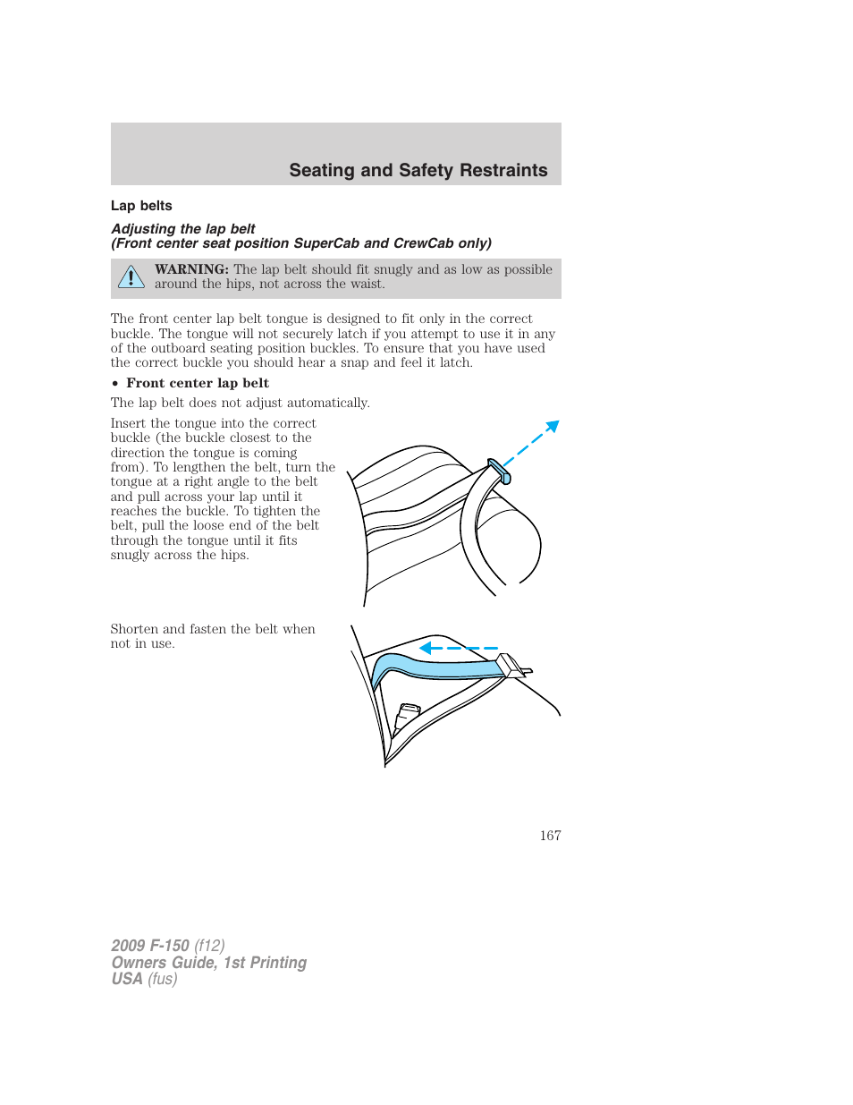 Lap belts, Seating and safety restraints | FORD 2009 F-150 v.1 User Manual | Page 167 / 405