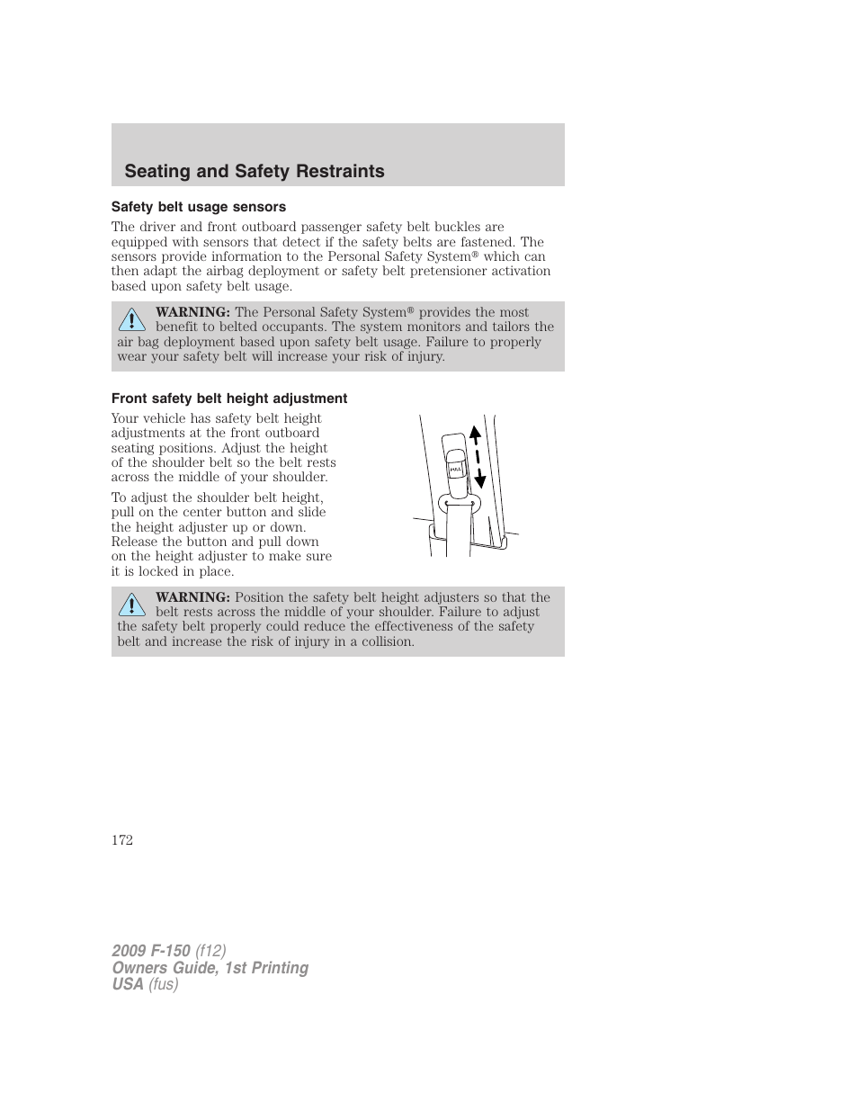 Safety belt usage sensors, Front safety belt height adjustment, Seating and safety restraints | FORD 2009 F-150 v.1 User Manual | Page 172 / 405