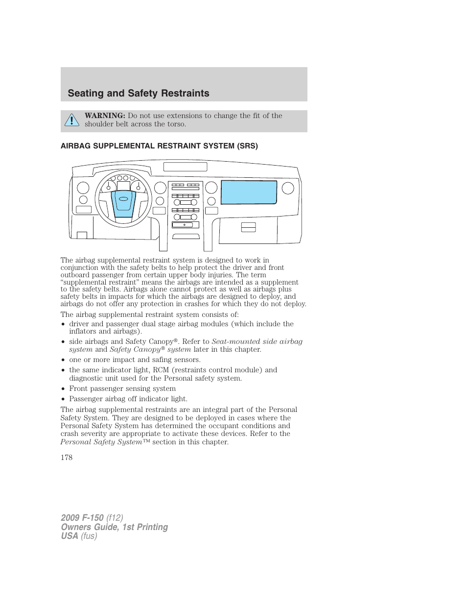 Airbag supplemental restraint system (srs), Airbags, Seating and safety restraints | FORD 2009 F-150 v.1 User Manual | Page 178 / 405