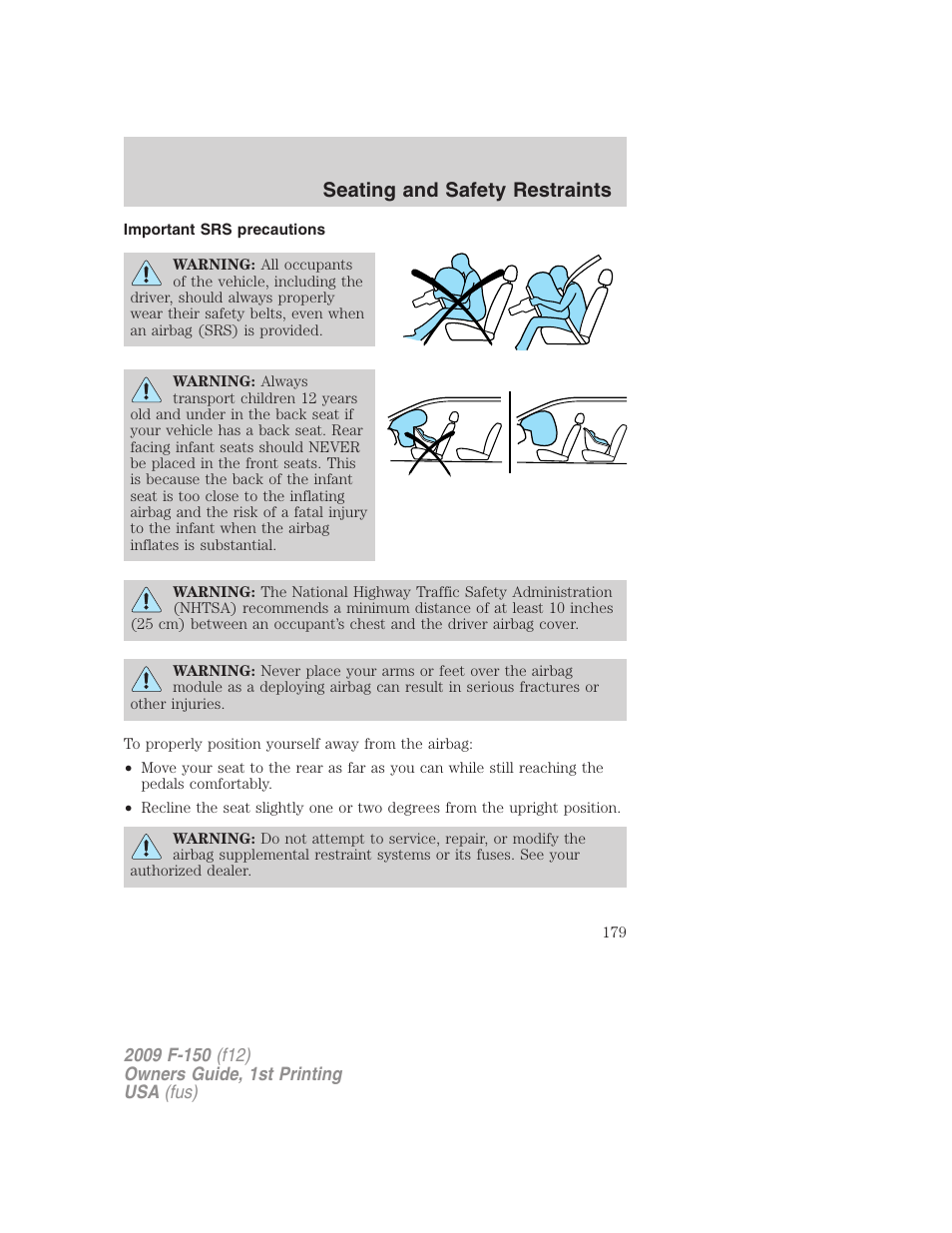 Important srs precautions, Seating and safety restraints | FORD 2009 F-150 v.1 User Manual | Page 179 / 405