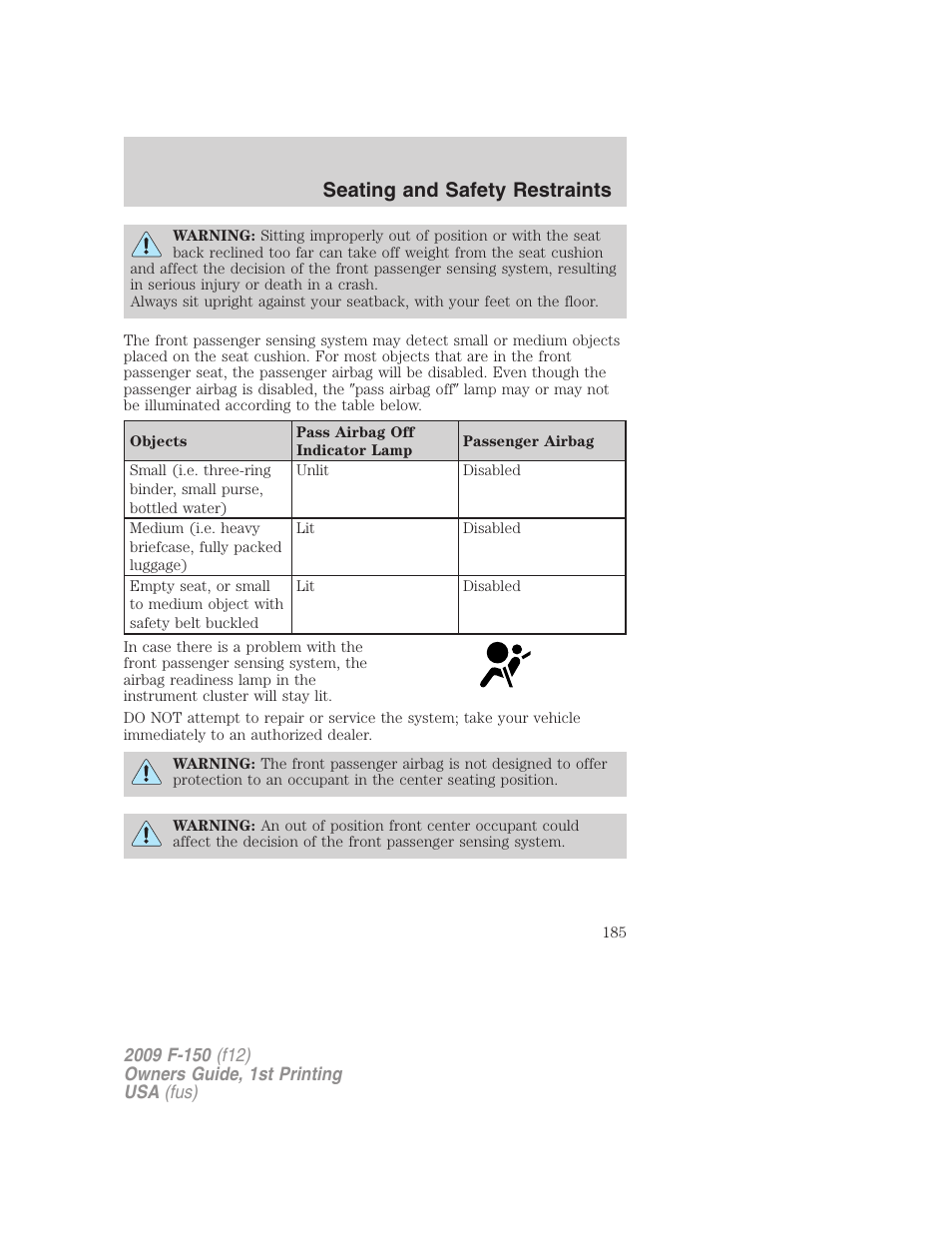 Seating and safety restraints | FORD 2009 F-150 v.1 User Manual | Page 185 / 405