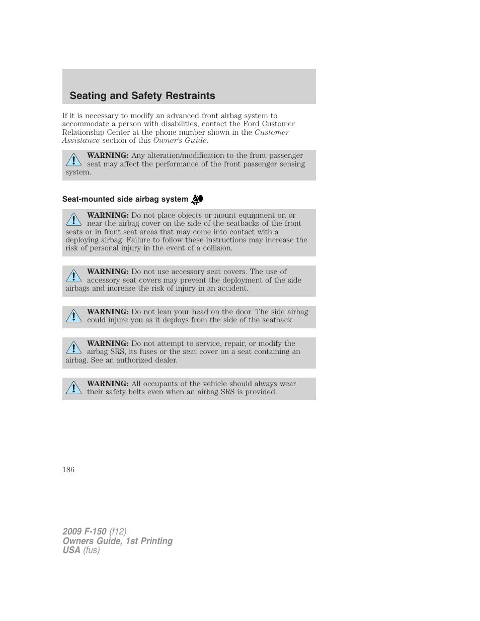Seat-mounted side airbag system, Seating and safety restraints | FORD 2009 F-150 v.1 User Manual | Page 186 / 405