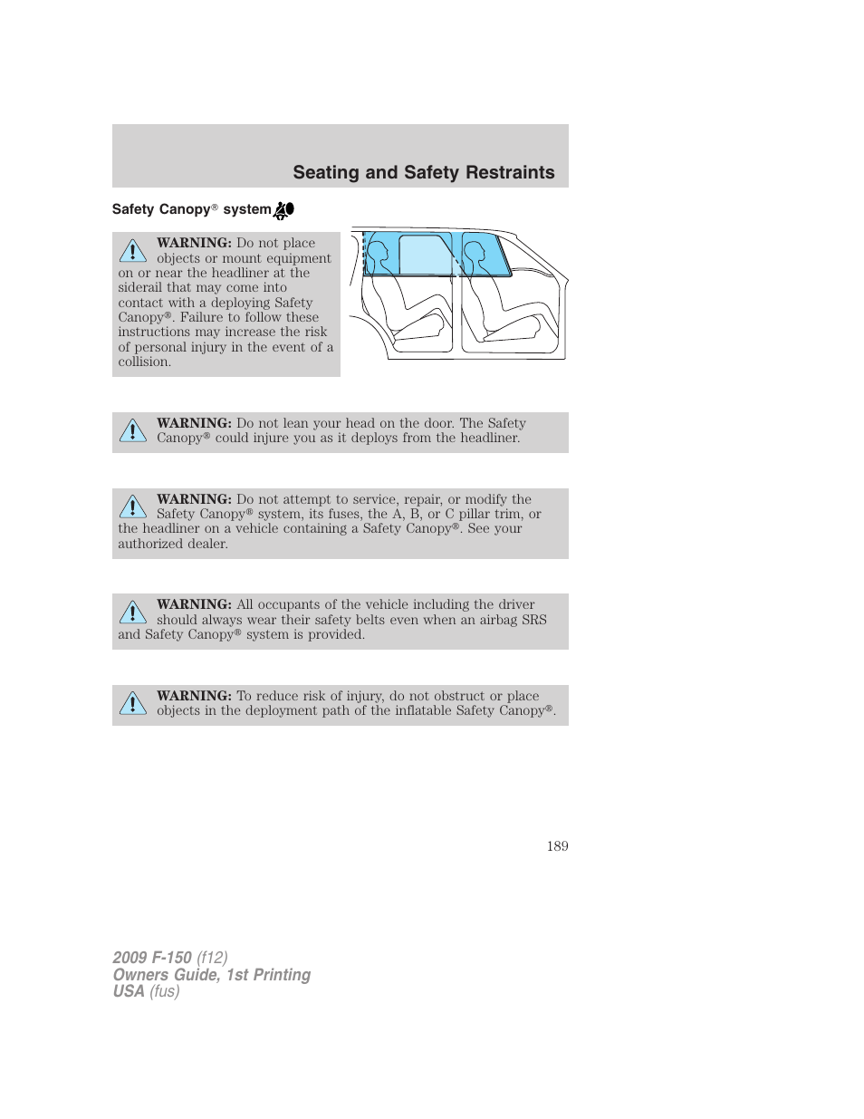 Safety canopy system, Seating and safety restraints | FORD 2009 F-150 v.1 User Manual | Page 189 / 405