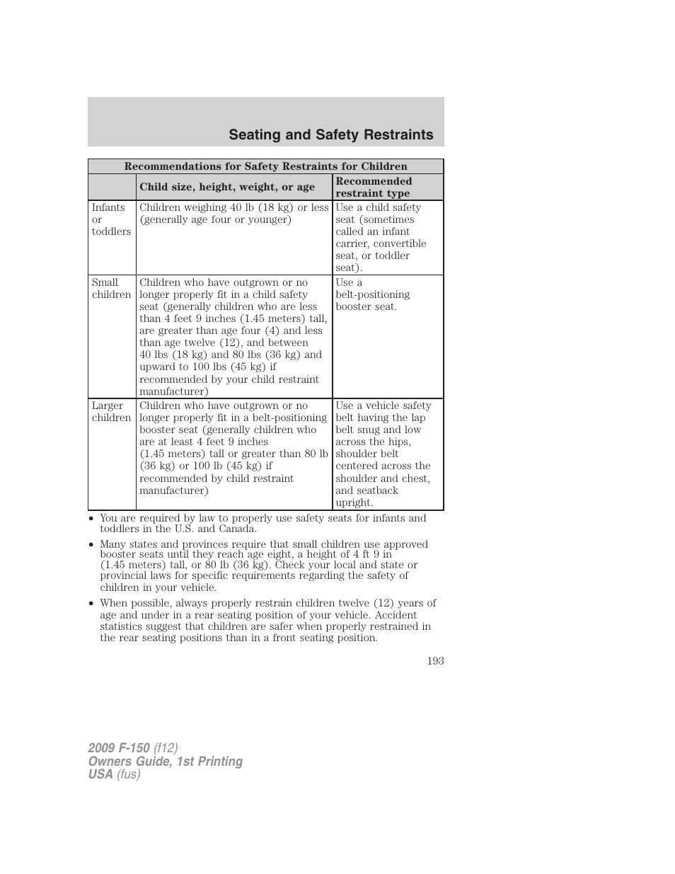 Seating and safety restraints | FORD 2009 F-150 v.1 User Manual | Page 193 / 405
