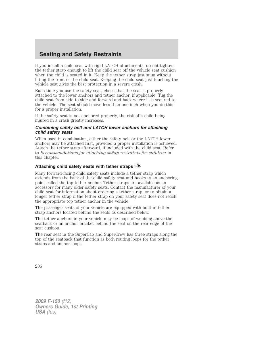 Attaching child safety seats with tether straps, Seating and safety restraints | FORD 2009 F-150 v.1 User Manual | Page 206 / 405