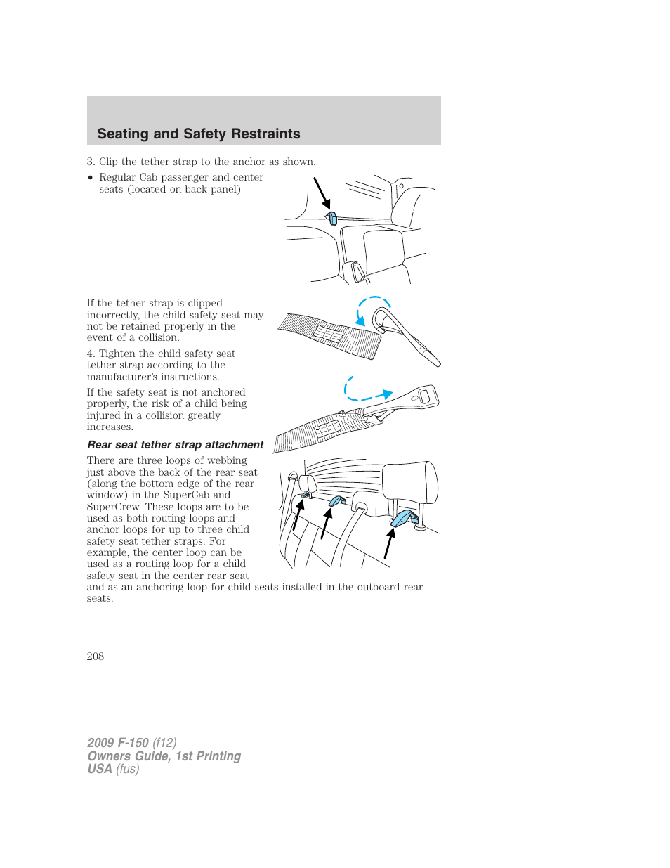 Rear seat tether strap attachment, Seating and safety restraints | FORD 2009 F-150 v.1 User Manual | Page 208 / 405