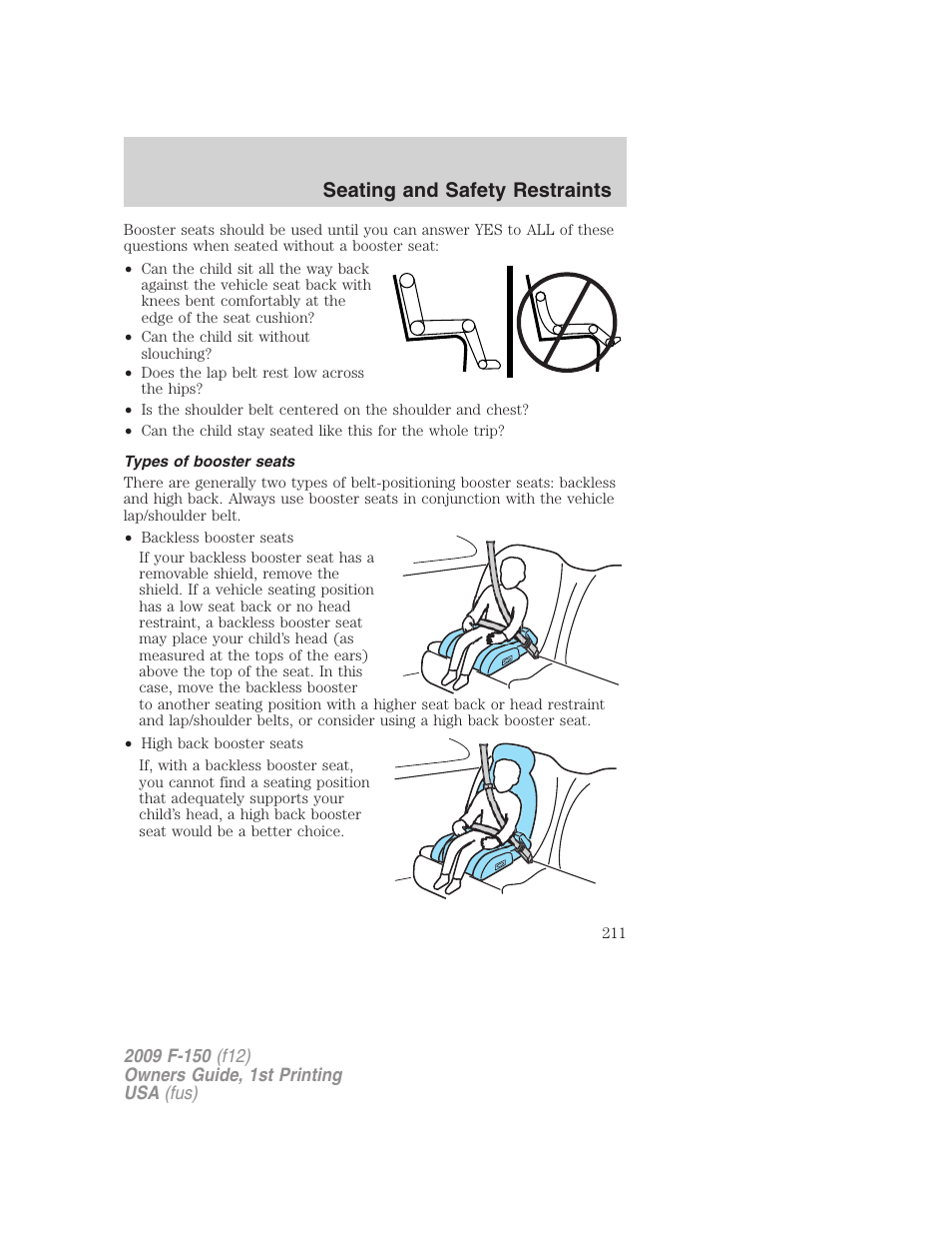 Types of booster seats, Seating and safety restraints | FORD 2009 F-150 v.1 User Manual | Page 211 / 405