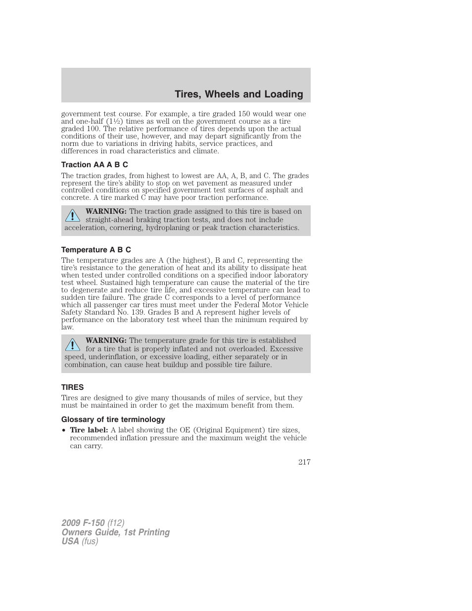 Traction aa a b c, Temperature a b c, Tires | Glossary of tire terminology, Tires, wheels and loading | FORD 2009 F-150 v.1 User Manual | Page 217 / 405