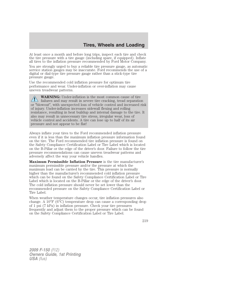 Tires, wheels and loading | FORD 2009 F-150 v.1 User Manual | Page 219 / 405