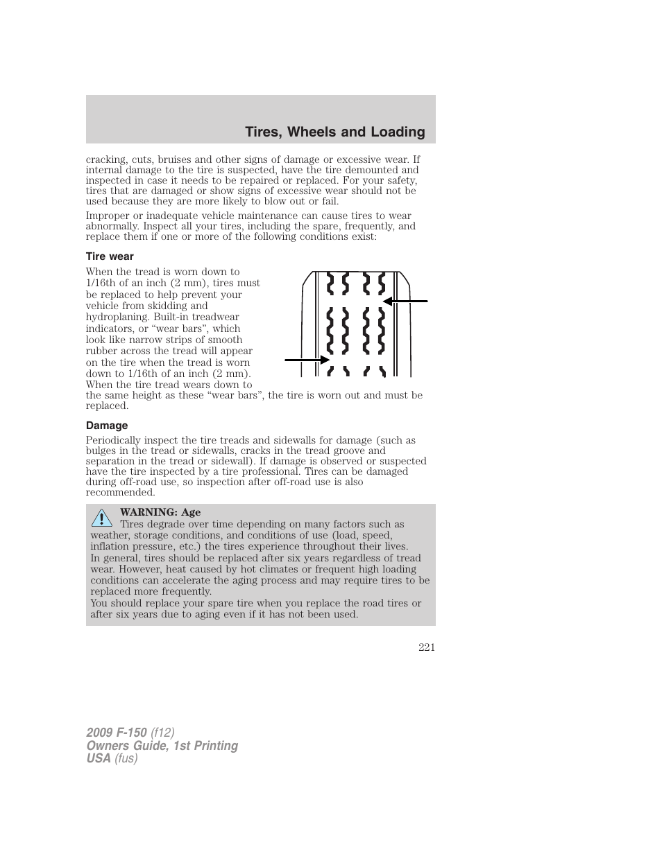 Tire wear, Damage, Tires, wheels and loading | FORD 2009 F-150 v.1 User Manual | Page 221 / 405