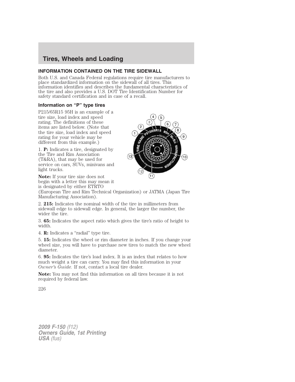 Information contained on the tire sidewall, Information on “p” type tires, Tires, wheels and loading | FORD 2009 F-150 v.1 User Manual | Page 226 / 405