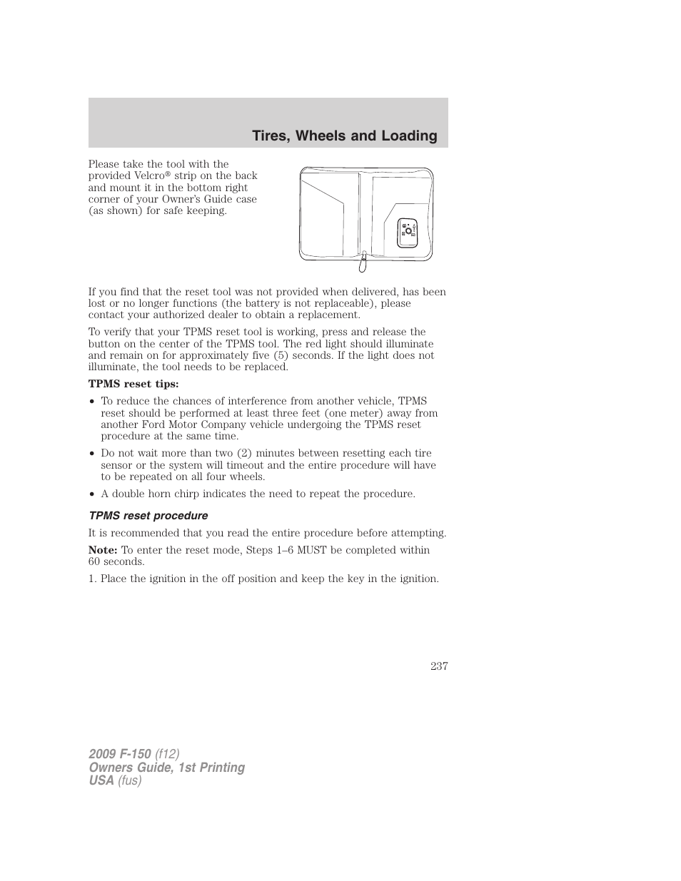 Tpms reset procedure, Tires, wheels and loading | FORD 2009 F-150 v.1 User Manual | Page 237 / 405